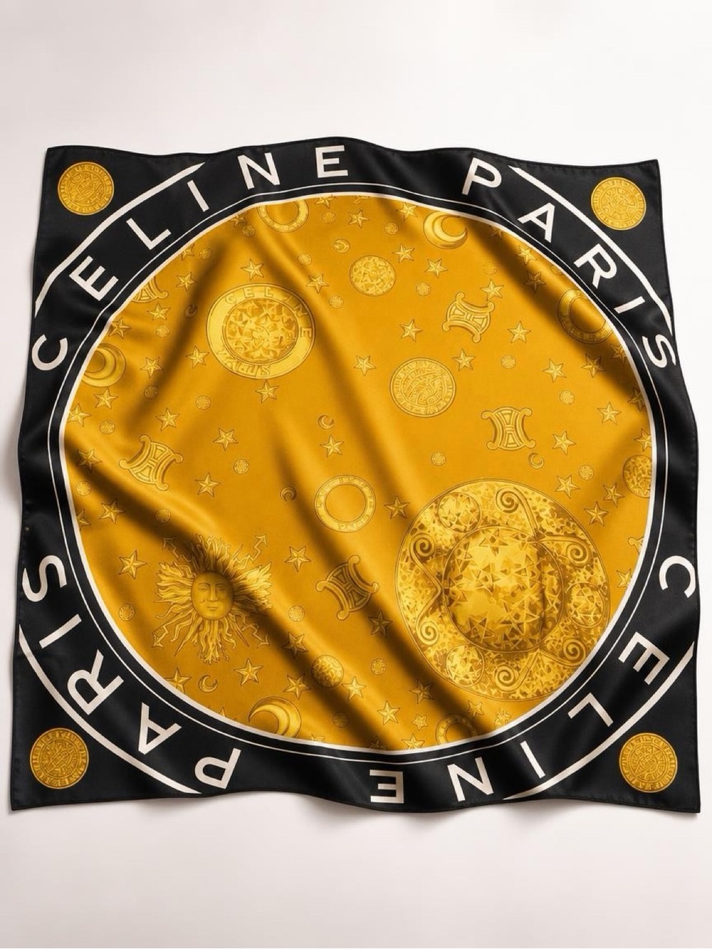 Authentic Celine Paris Celestial Silk Scarf | Gold & Black Zodiac Print